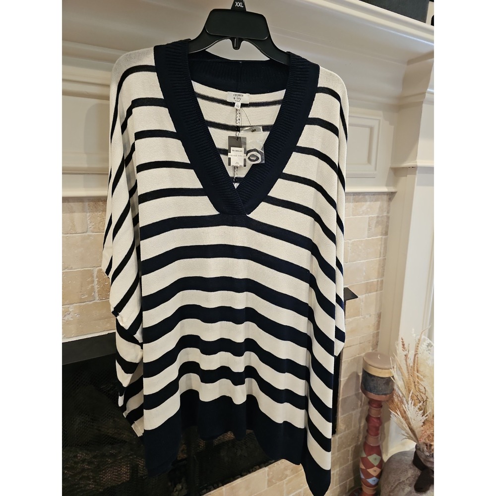 Crown & Ivy Womens Poncho Style Blouse OSFM Navy And White